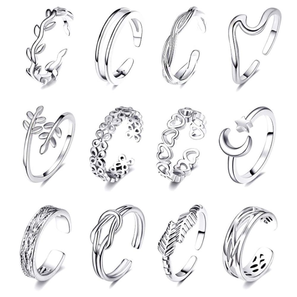 Silver Adjustable Open Toe Rings - Set of 12
